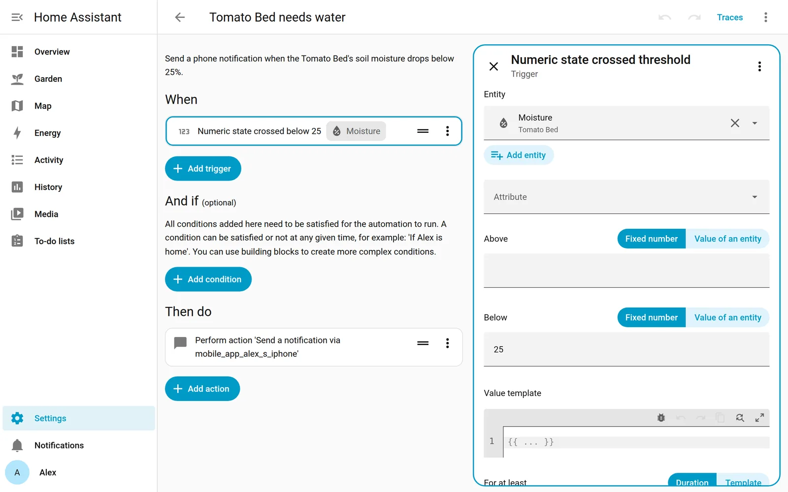 The Home Assistant automation editor with a numeric state trigger on a PlantSense moisture sensor below 25