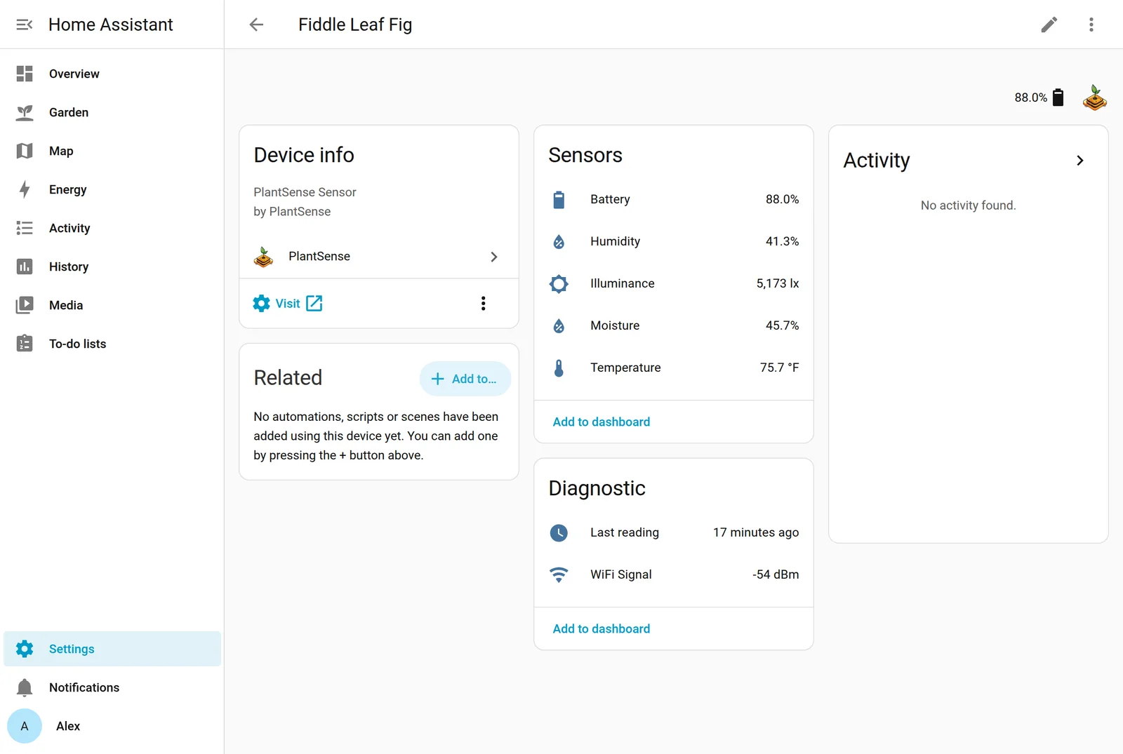 A PlantSense device page in Home Assistant showing battery, humidity, illuminance, moisture and temperature, with Last reading and WiFi signal under Diagnostic