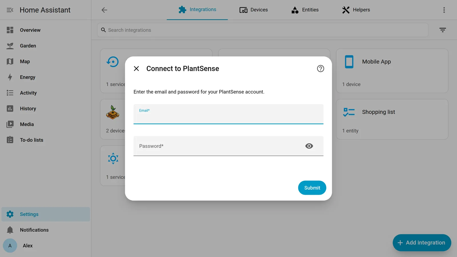 The Connect to PlantSense dialog in Home Assistant, asking for the PlantSense account email and password