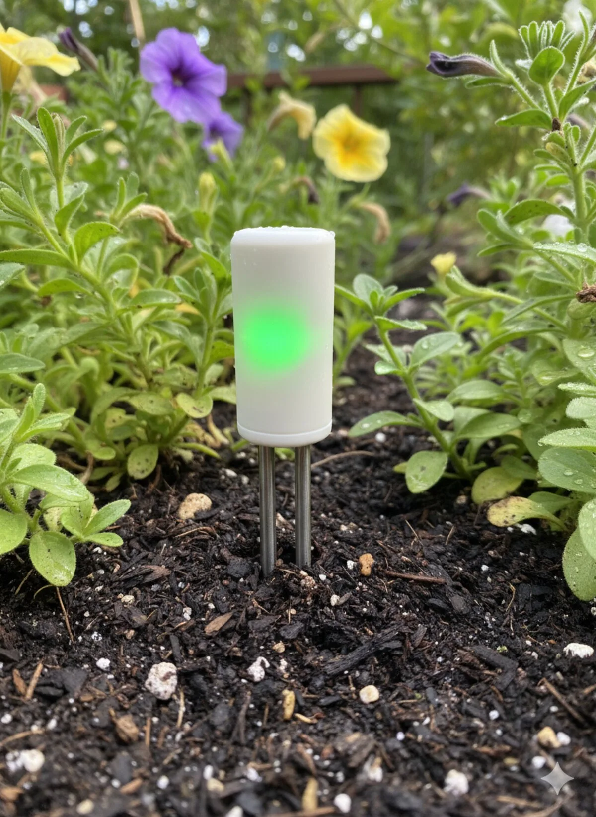 PlantSense sensor in a garden bed with colorful flowers
