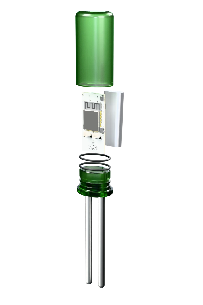 The PlantSense sensor taken apart: shell, circuit board, battery, O-rings and the probe holder with its two probes