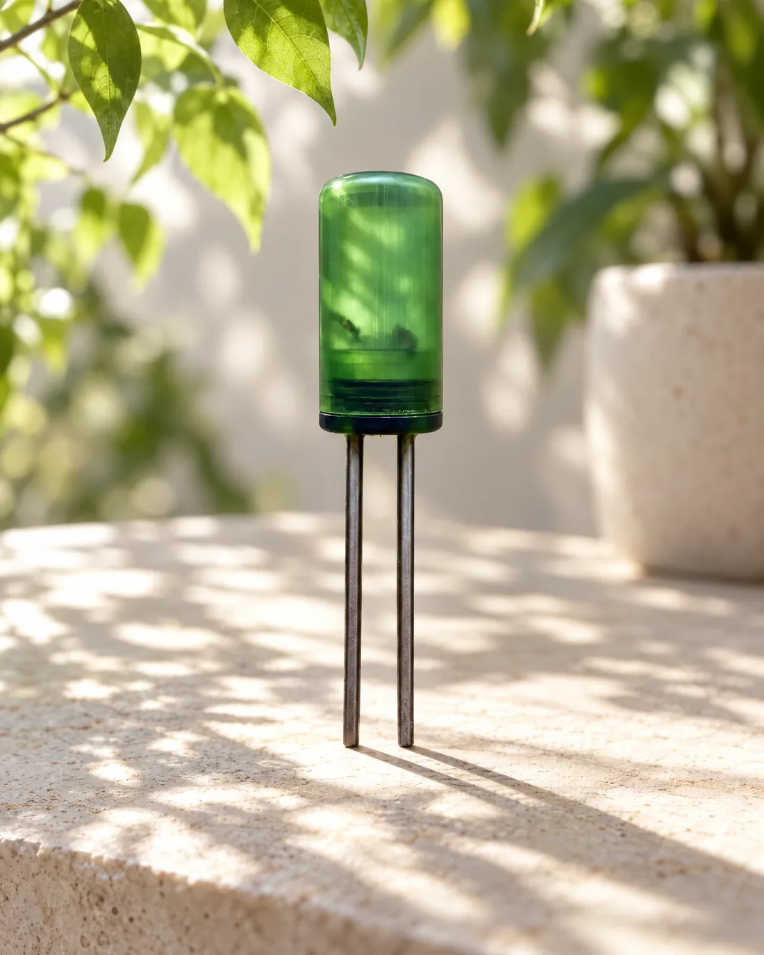 The PlantSense sensor standing on a sunlit stone ledge outdoors