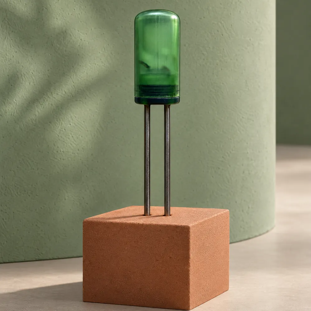 The PlantSense sensor — translucent green shell on two stainless probes — set into a terracotta block